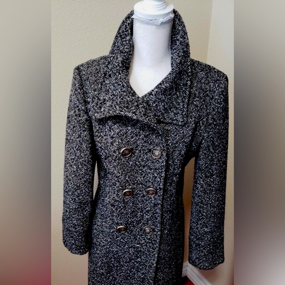 Women's Black and Gray Tweed Coat，Black GreyTweed Coat